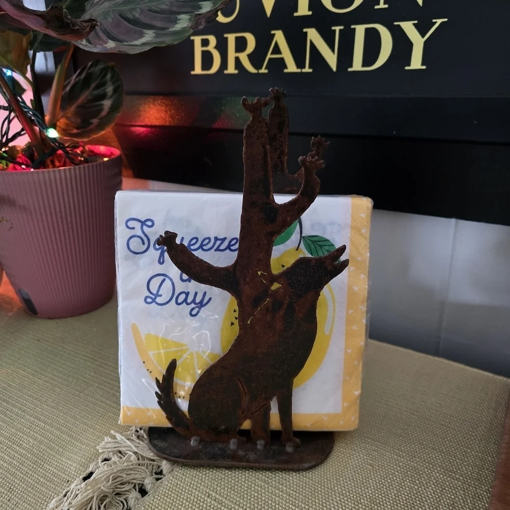 Metal Howling Coyote And Cactus Napkin, Salt, Pepper Holder